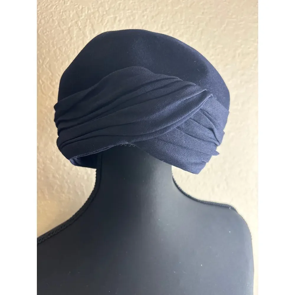 Vintage Ladies Navy Blue Wool and Silk Hat Shaw Hat Shop, Kansas City, Mo.